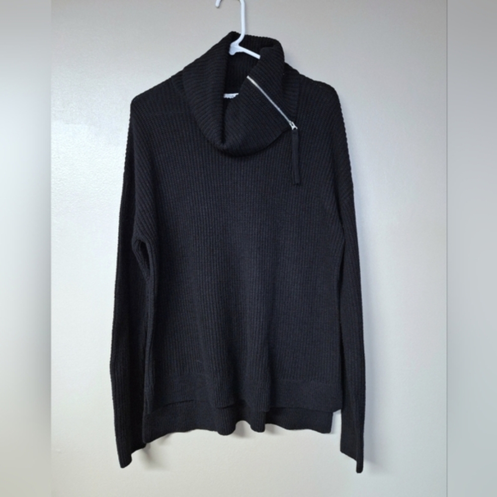 Max Studio Black Ribbed Knit Sweater Pull Over Zip Cowl Neck Womens Large